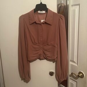 NWT, ASTR Size 8, sheer button up blouse. Rose/Mauve color. Synched waist.